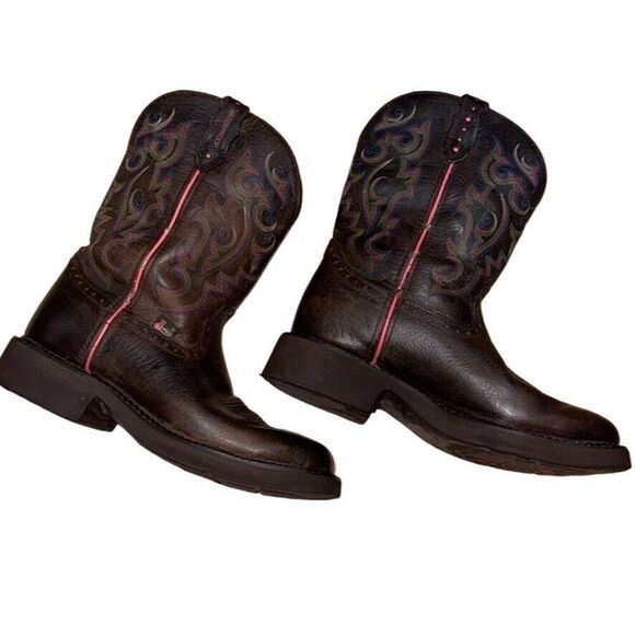 Justin Brown &pink Women Justin Leather Pink And Brown Boots Size 7B Women\'s L9608 PreLoved